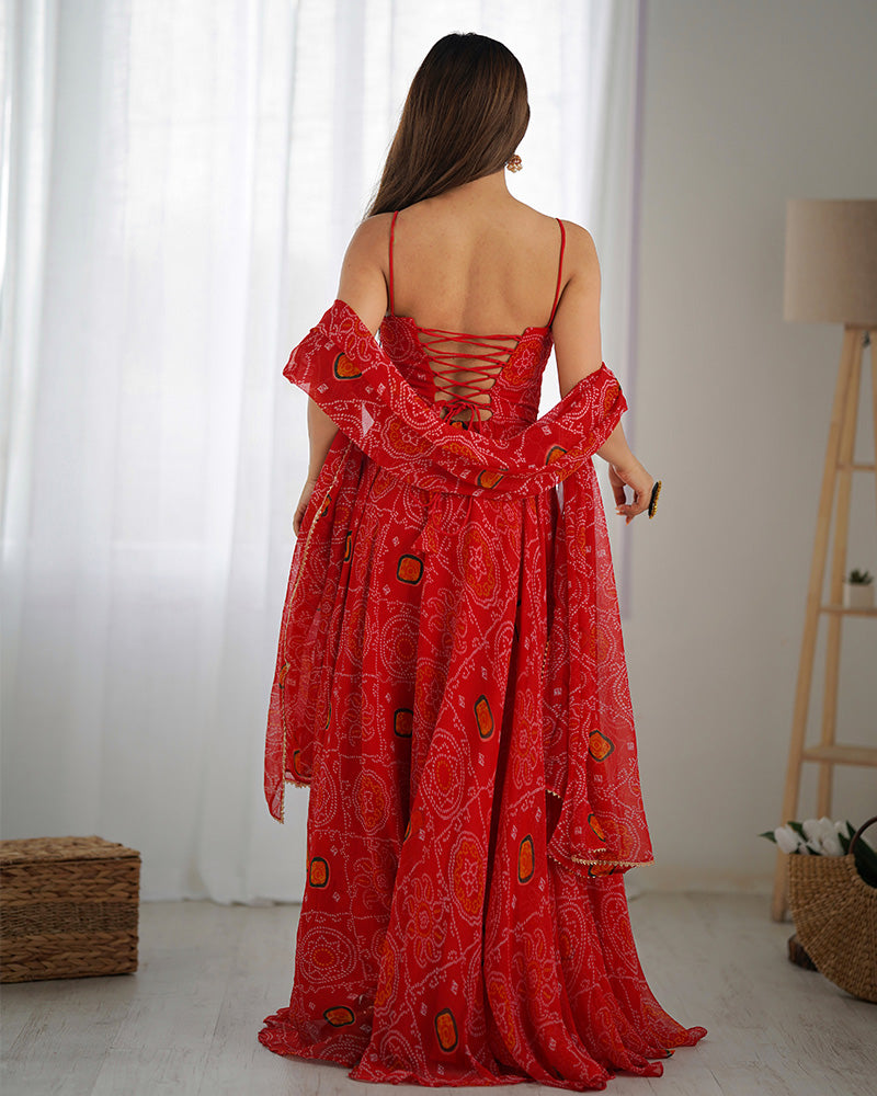 Floral Red Color Bandhani Print Soft Chiffon Anarkali Gown