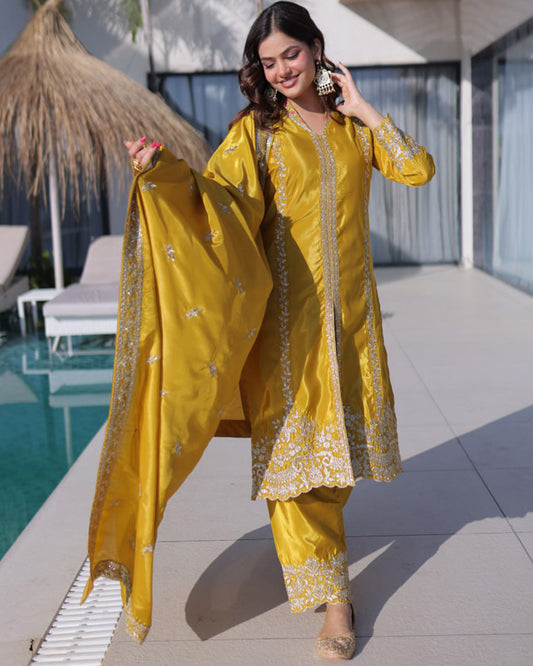 Yellow Color Ho Silk Embroidered Kurti Suit