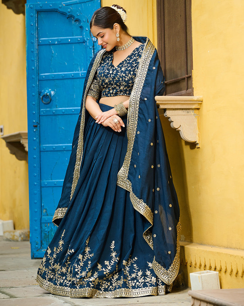 Rama Color Vichitra Silk Thread Embroidered Lehenga Choli