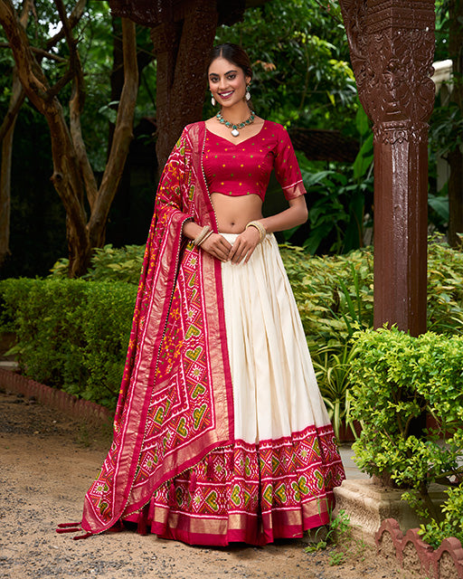 Red Color Tussar Silk Patola Printed Lehenga Choli