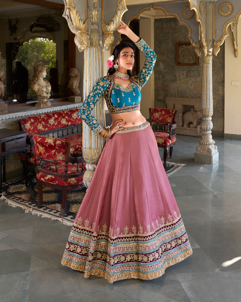 Peach Color Moonga Silk Embroidered Lehenga Choli