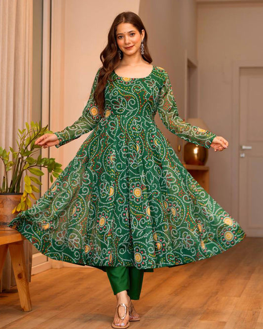 Green Color Bandhej Print Tabby Organza Anarkali Suit