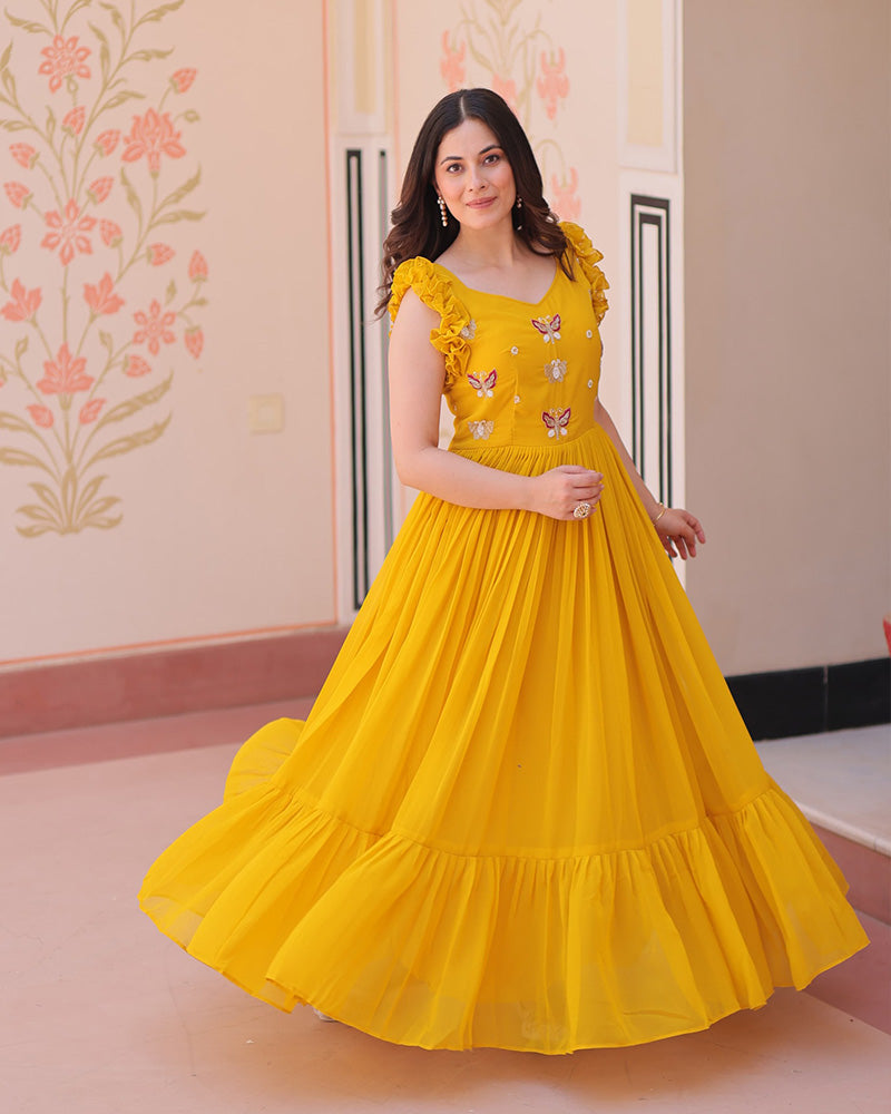 Yellow Color Faux Blooming Embroidered work Gown