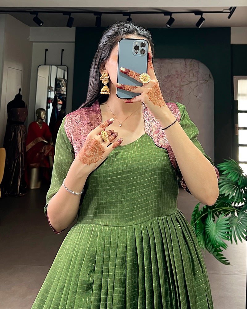 Mehndi Color Dola Chex Zari Weaving Gown