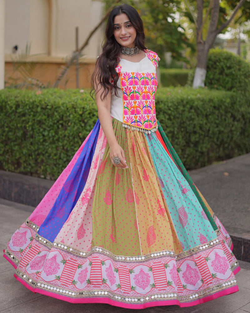 Multi Color Cotton Printed Mirror Work Navratri Lehenga Choli