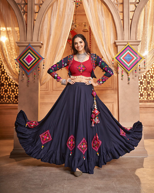 Navy Blue Color Viscose Rayon Threaded Fully Stitched Navratri Lehenga Choli