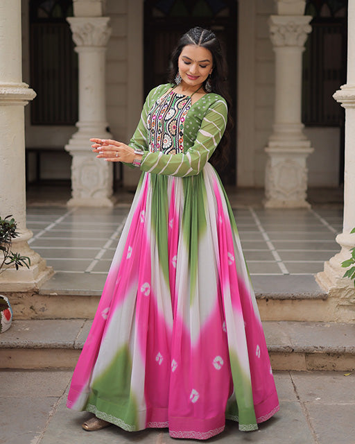 Green Color Faux Georgette Bandhej Print Navratri Gown