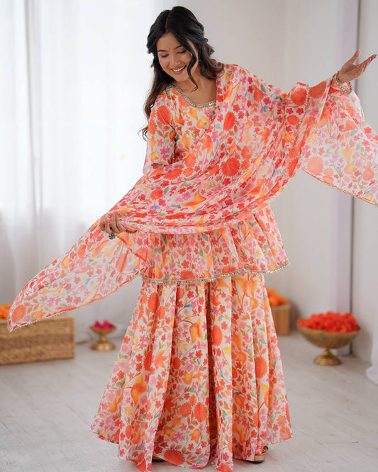 Orange Color Pure Soft Organza Sharara Suit