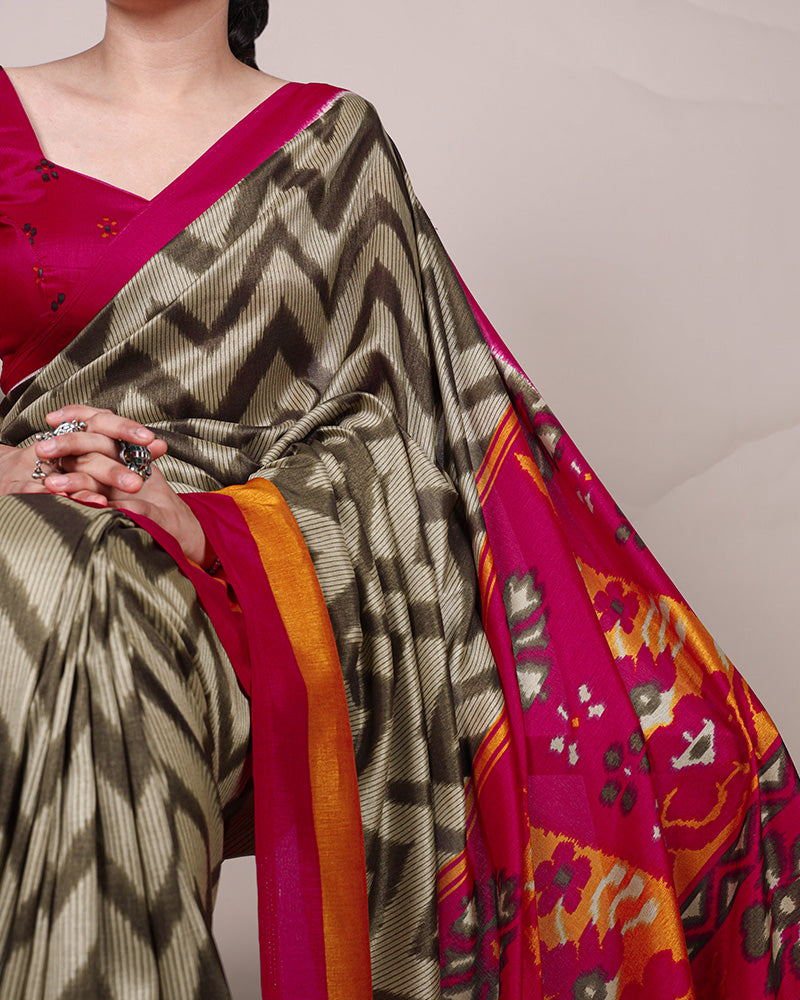 Mehndi Color Tssar Silk Printed Saree
