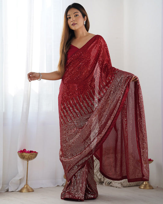Red Color Heavy Georgette Embroidered Saree