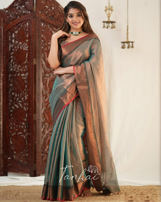 Sea Green Color Tissue Cotton Saree