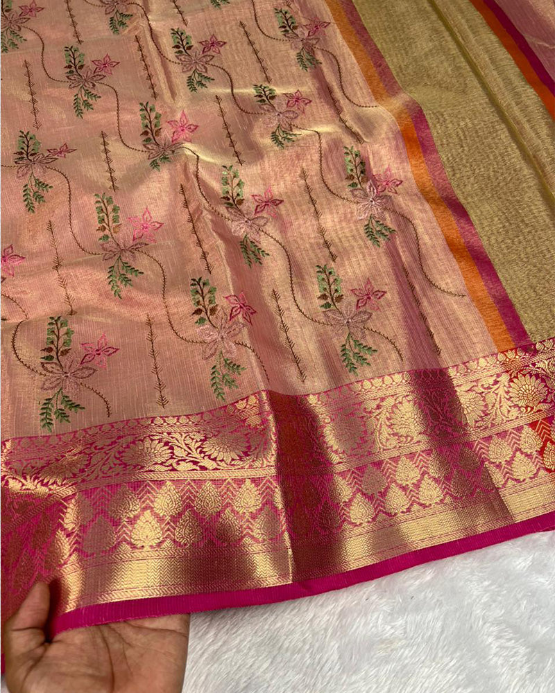 Baby Pink Color Tissue Silk Floral Embroidered Saree