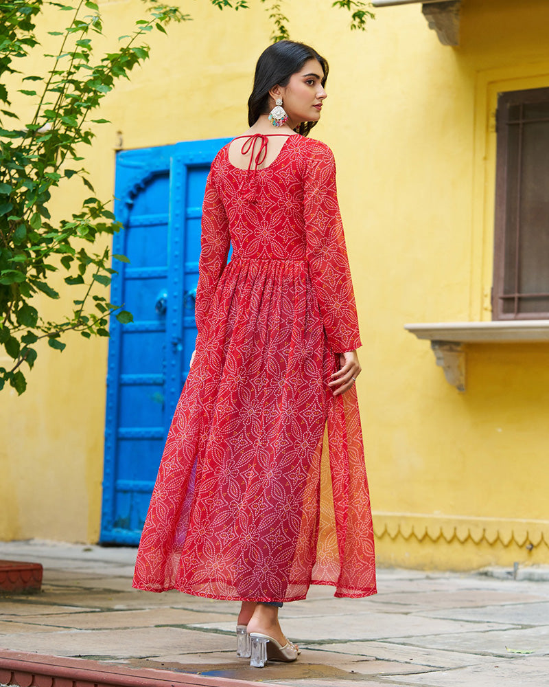 Festive Red Georgette Printed Kurti With Gamthi Patchwork