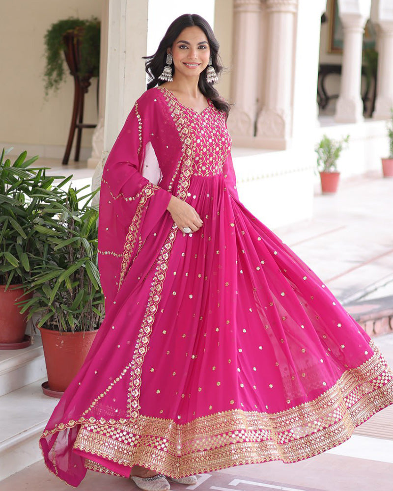 Hot Pink Color Georgette Embroidered Designer Gown