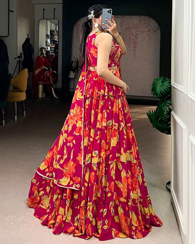 Pink Color Marble Floral Printed Lehenga Choli