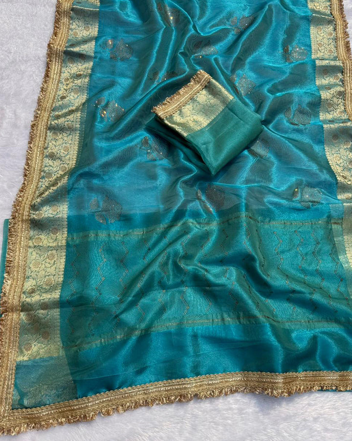 Premium Firozi Color Organza Tissue Silk Saree