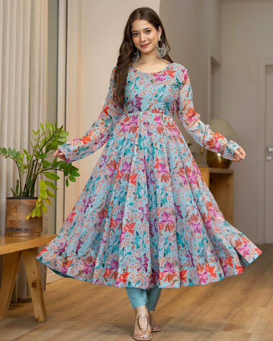 Firozi Color Digital Printed Organza Anarkali Suit