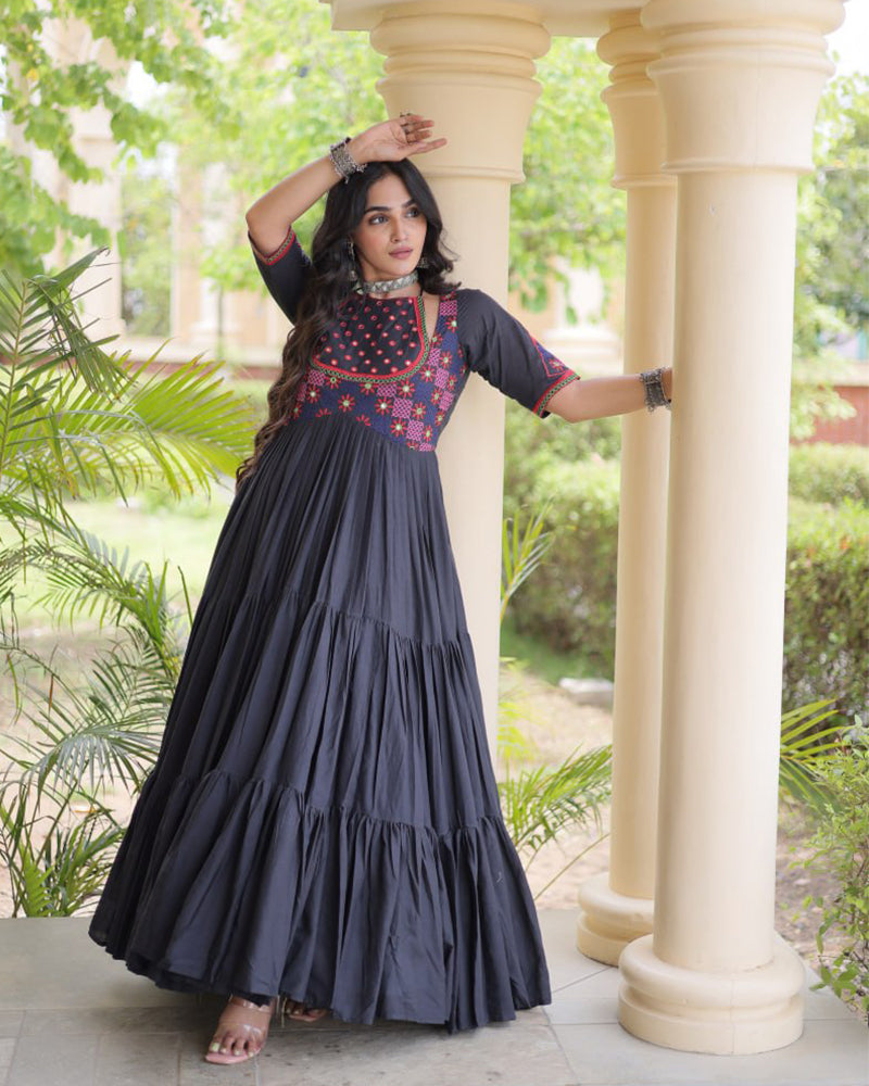 Two Color Kora Cotton with Multi Thread Embroidered Navratri Gown