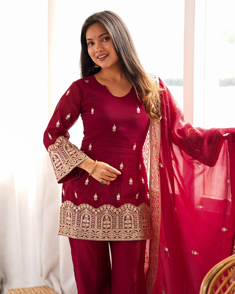 Maroon  Color Crunchy Silk Embroidered Plazzo Suit