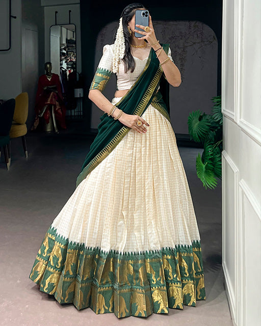 White And Green Color Poly Cotton Chex Onam Half Saree