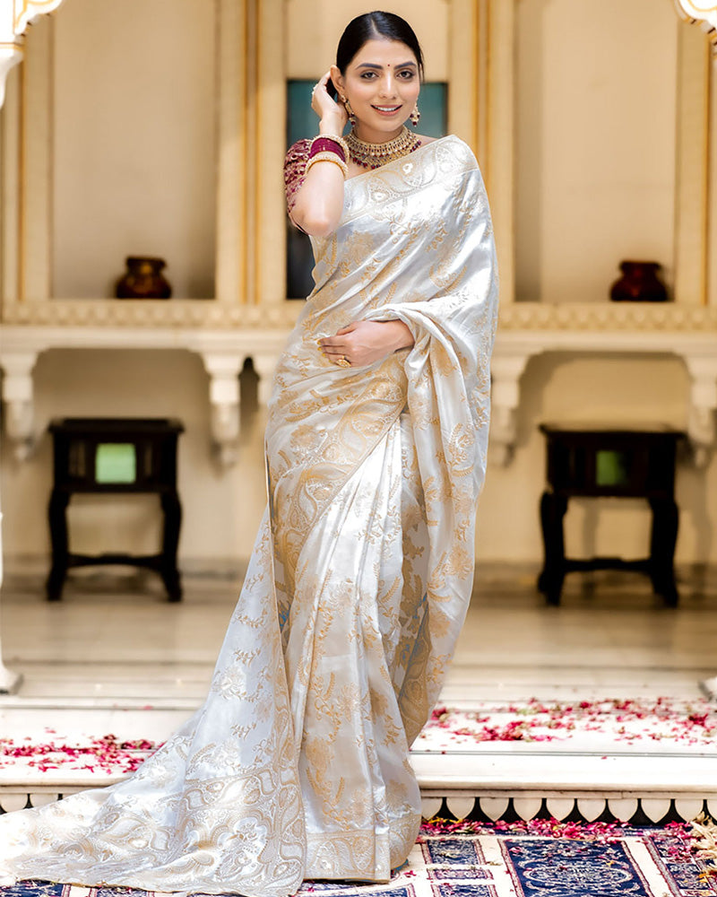 White Color Banarasi Jacquard Zari Weaving Saree