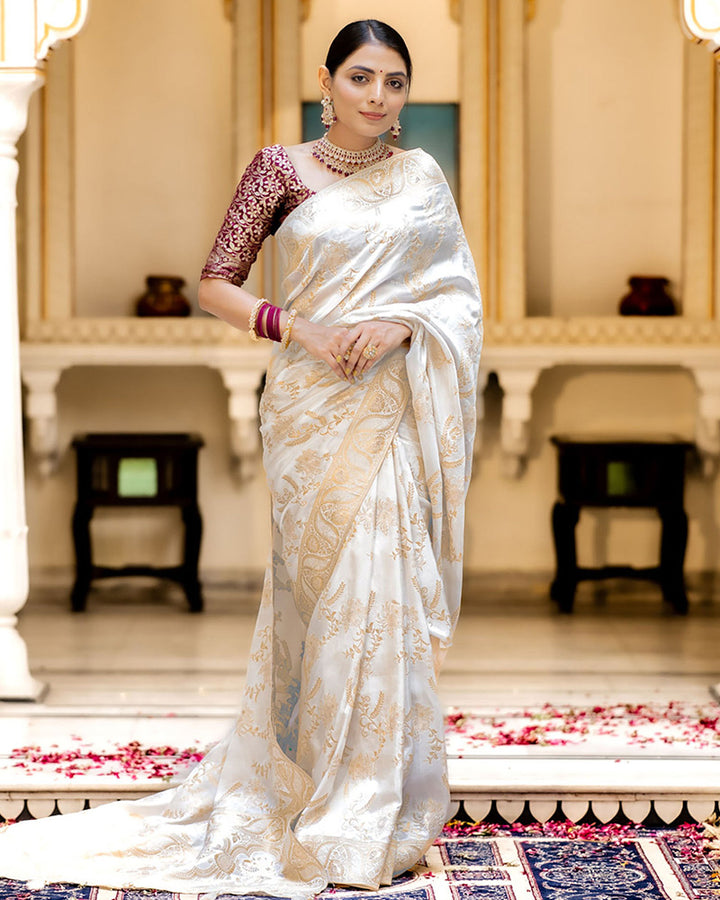 White Color Banarasi Jacquard Zari Weaving Saree