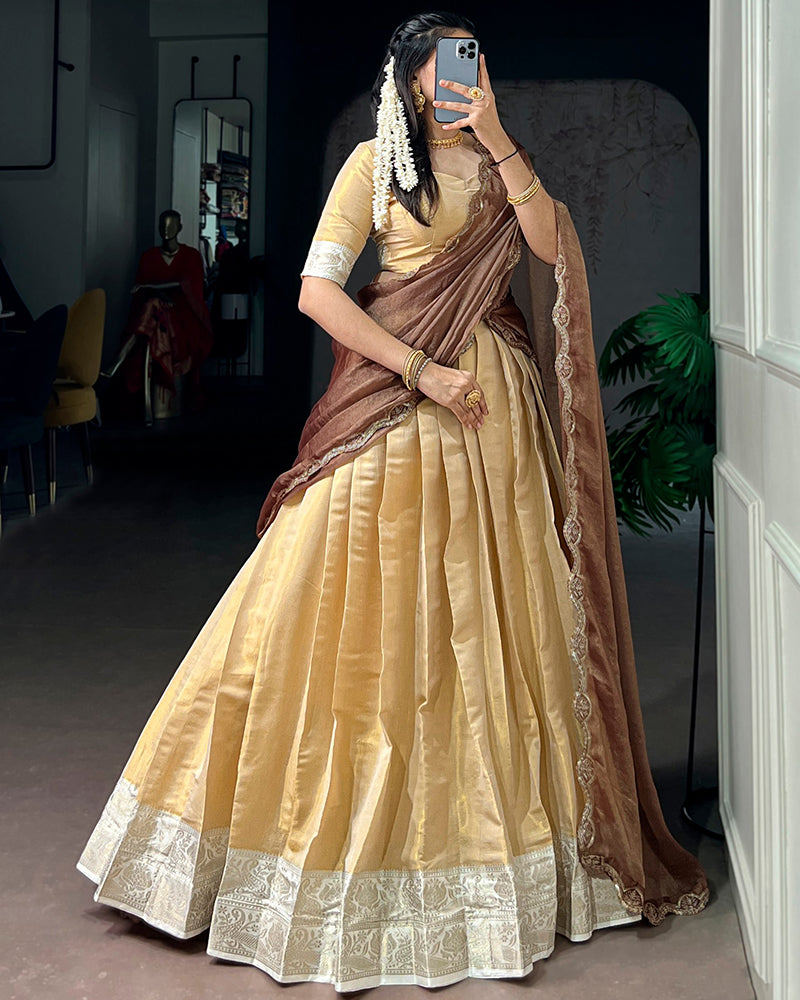 South Indian Style Cream Color Kanchipuram Half Saree