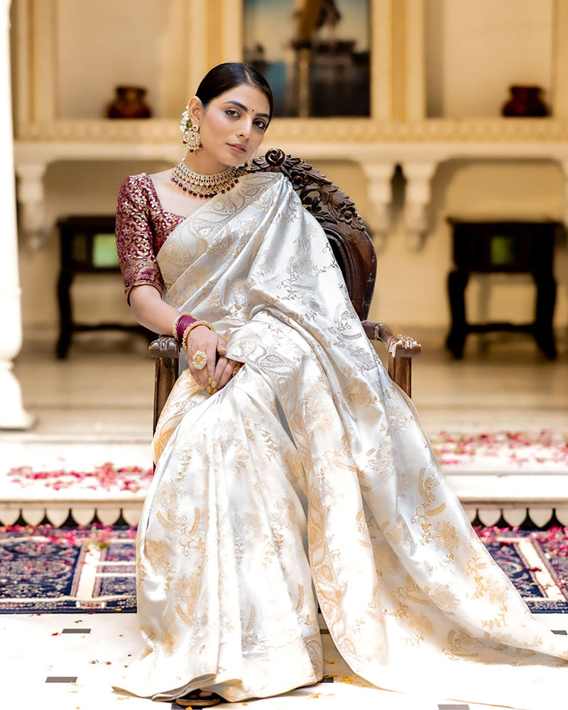 White Color Banarasi Jacquard Zari Weaving Saree