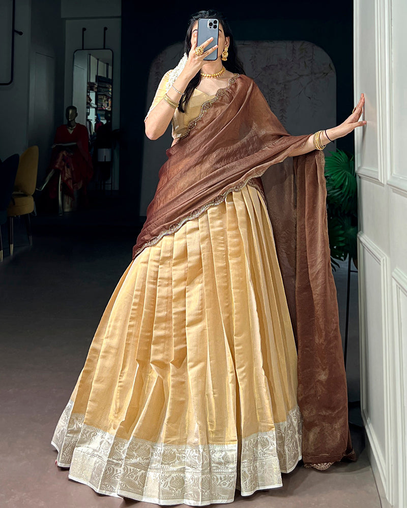 South Indian Style Cream Color Kanchipuram Half Saree