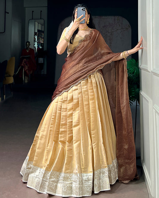 South Indian Style Cream Color Kanchipuram Half Saree