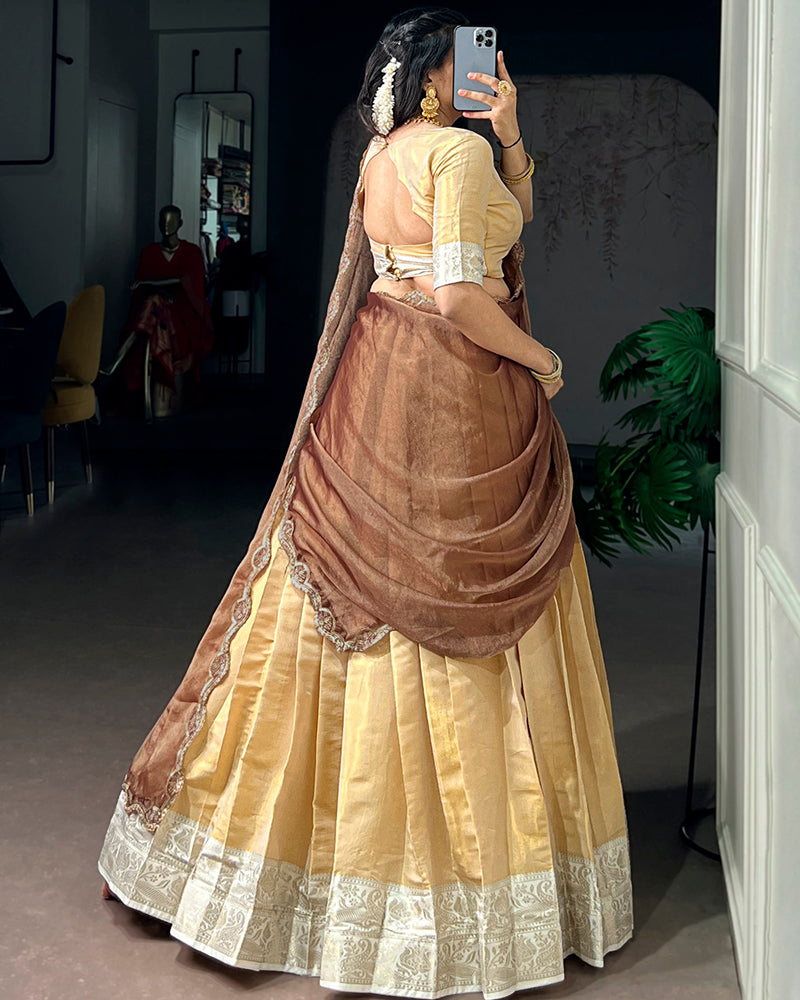 South Indian Style Cream Color Kanchipuram Half Saree