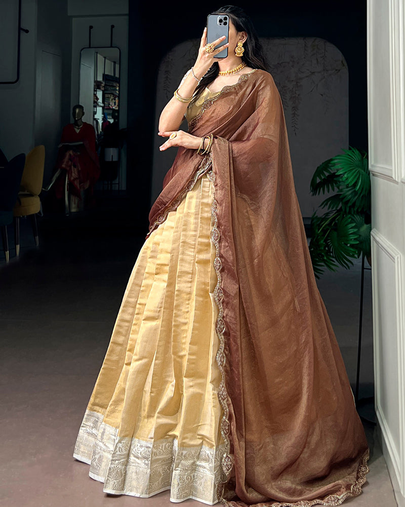 South Indian Style Cream Color Kanchipuram Half Saree