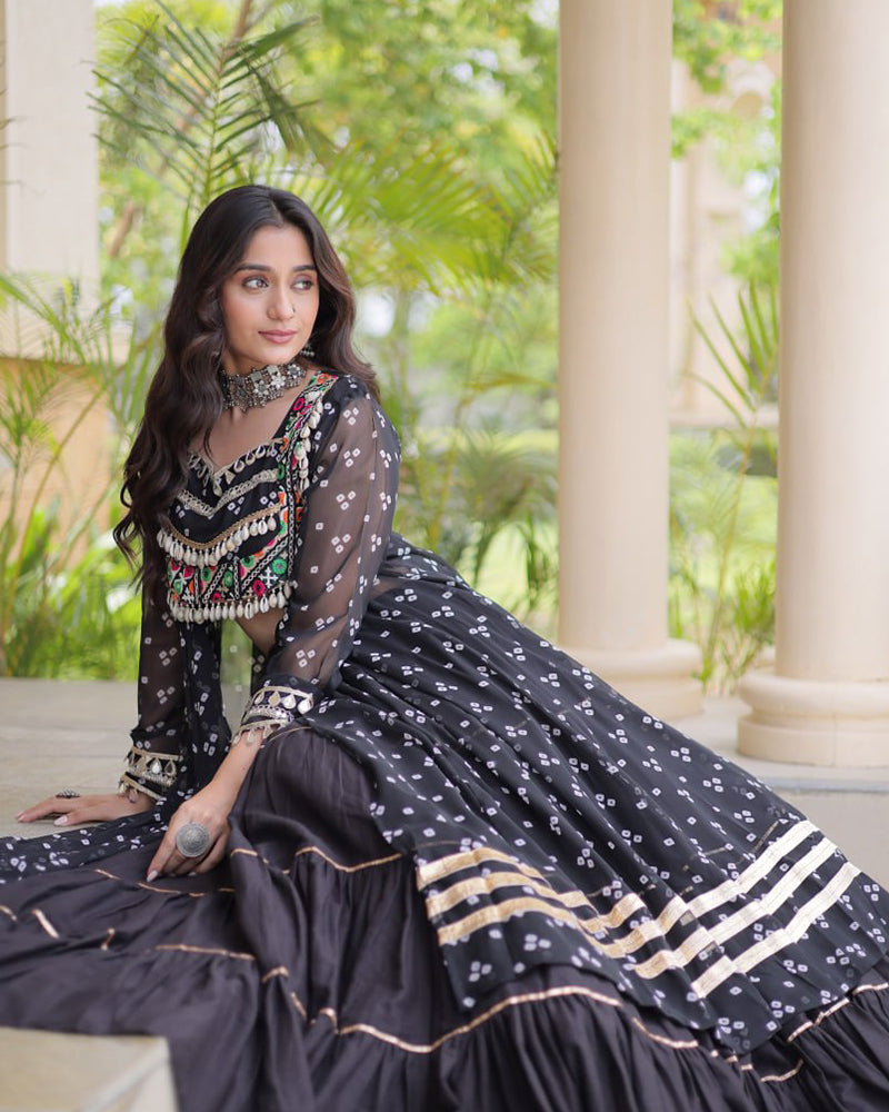 Black Color Bandhani Printed Kurti With Kora Cotton Lehenga Choli