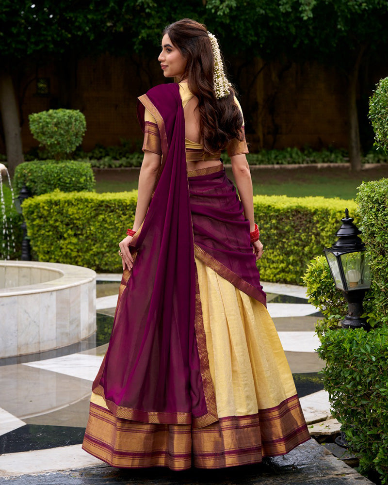 Traditional Wine Color Kanchipuram Zari Weaving Half Saree
