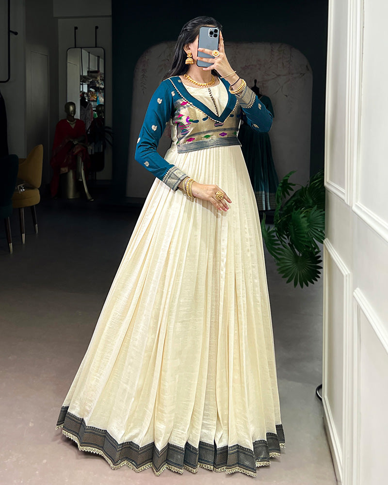 Off-White Color Vichitra Silk Zari Weaving Gown