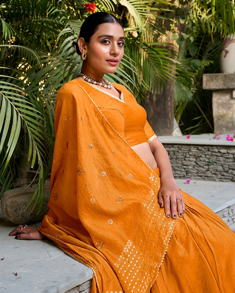 Yellow Color Pure Chanderi Plain Navratri Lehenga Choli