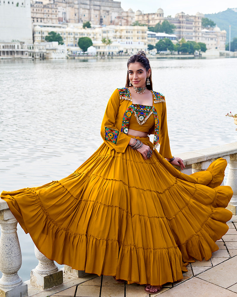 Elegant Mustard Color Pure Rayon Navratri Lehenga Choli