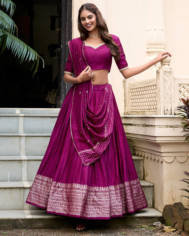 Wine Color Pure Chanderi Plain Navratri Lehenga Choli