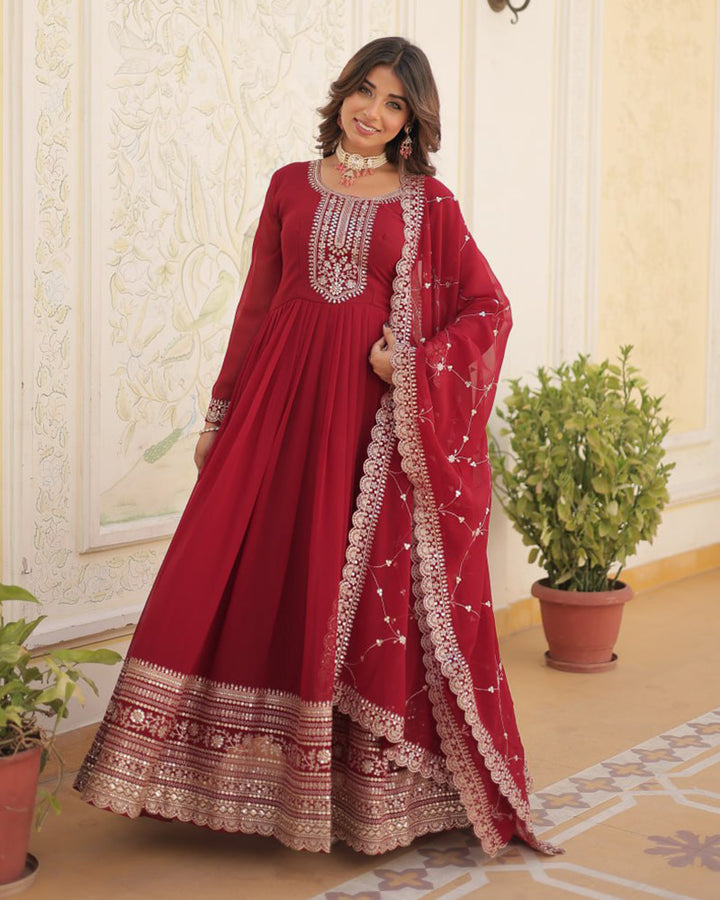 Maroon Color Faux Blooming Rich Sequence Embroidered Gown