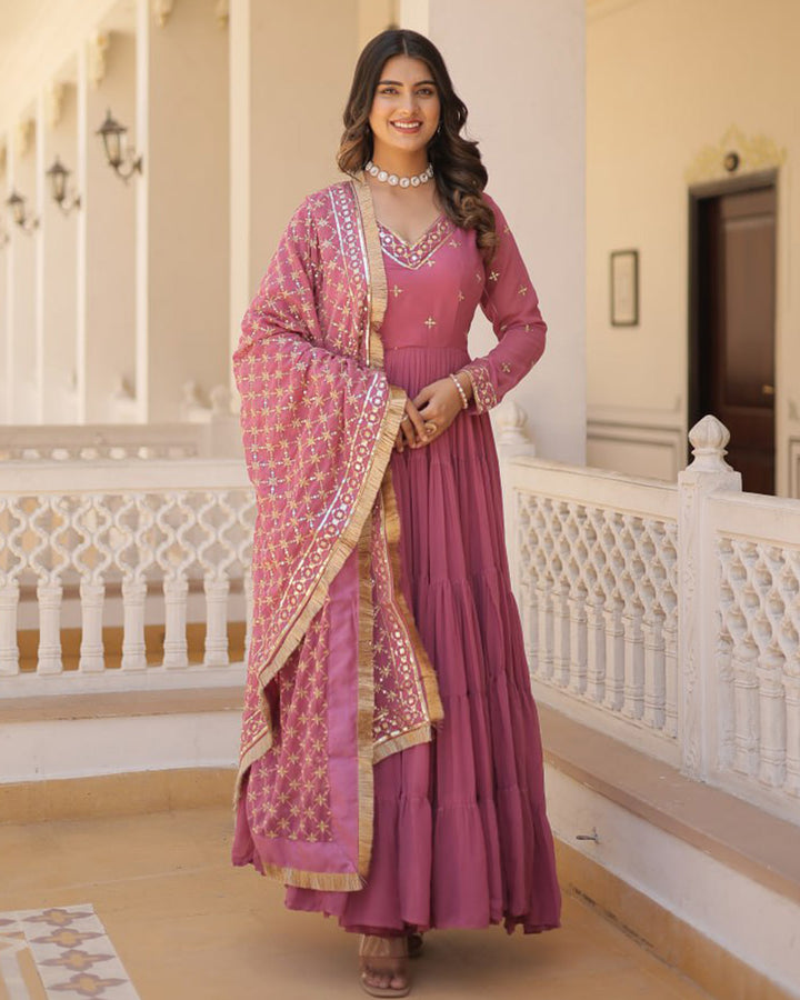 Onion Color Faux Georgette Designer Anarkali Gown With Dupatta