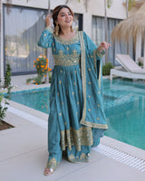 Dusty Teal Color Super Silk Embroidered Sharara Suit