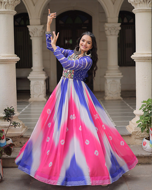 Blue Color Faux Georgette Bandhej Print Navratri Gown
