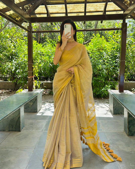 Cream Color Pure Mal Cotton Kanchipuram Saree