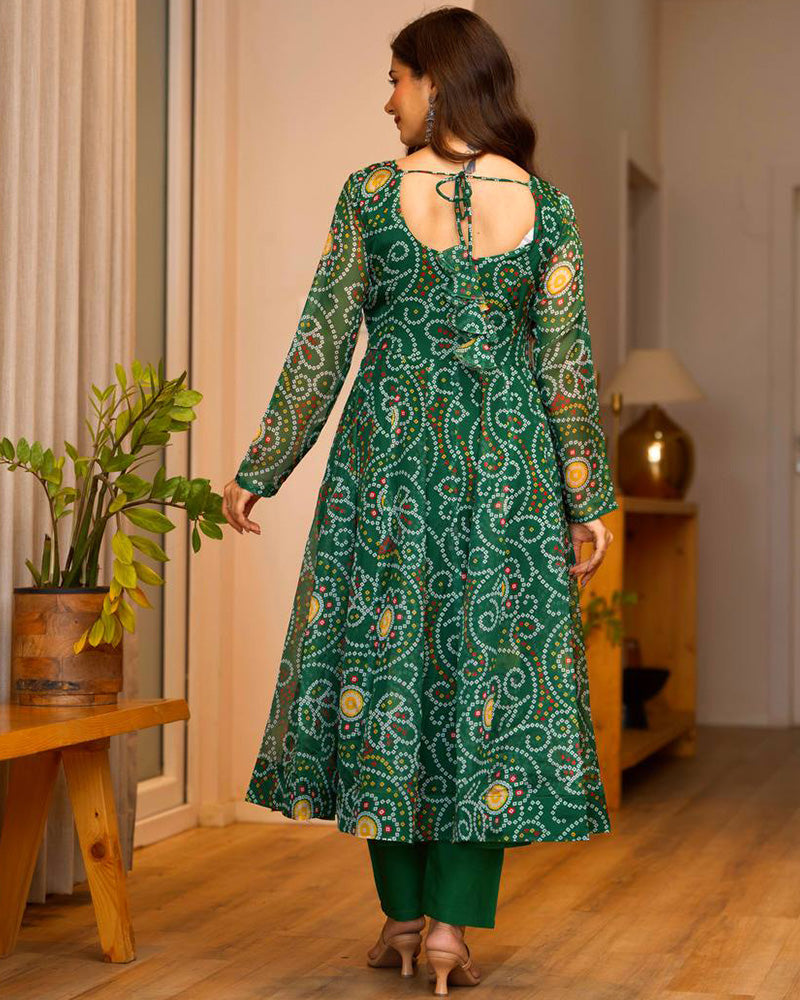 Green Color Bandhej Print Tabby Organza Anarkali Suit