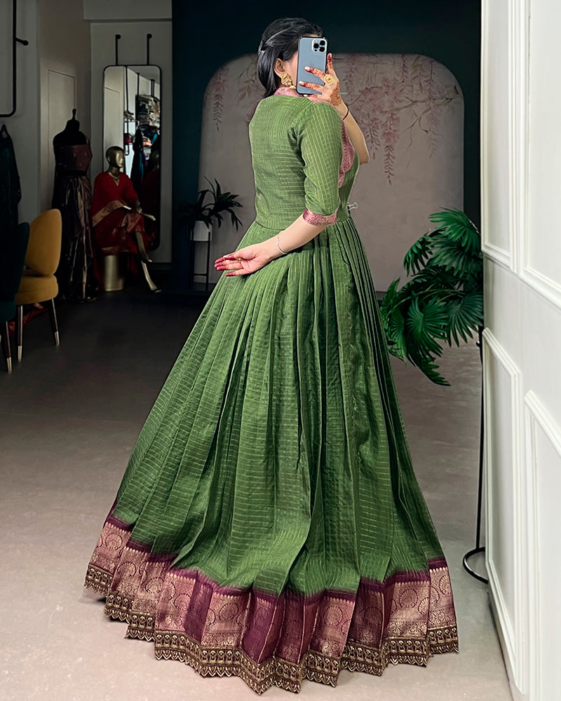 Mehndi Color Dola Chex Zari Weaving Gown