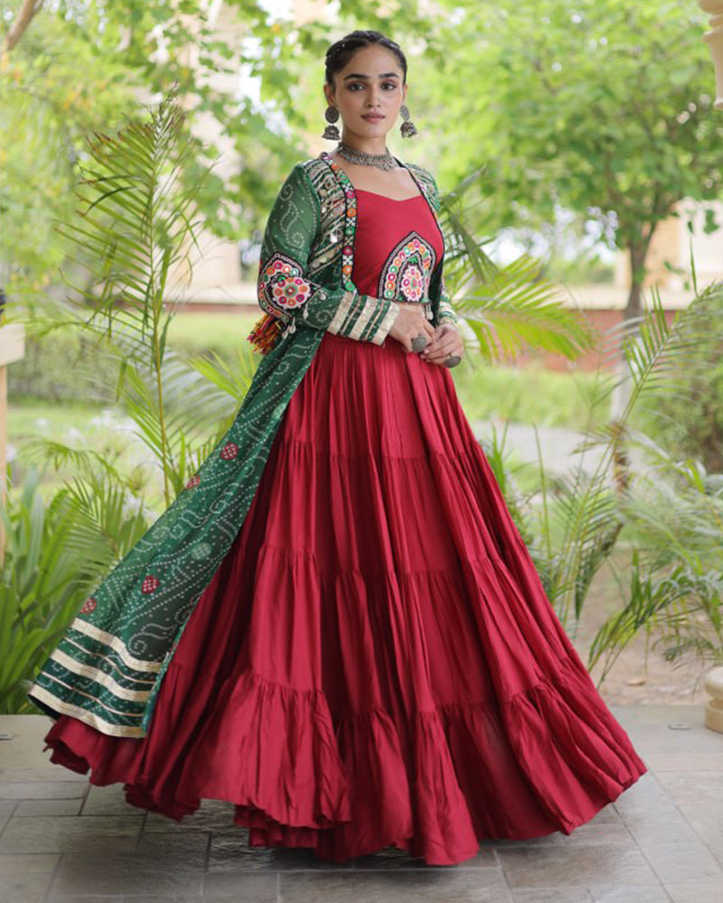 Red Color Bandhani Printed With Rayon Lehenga  Choli