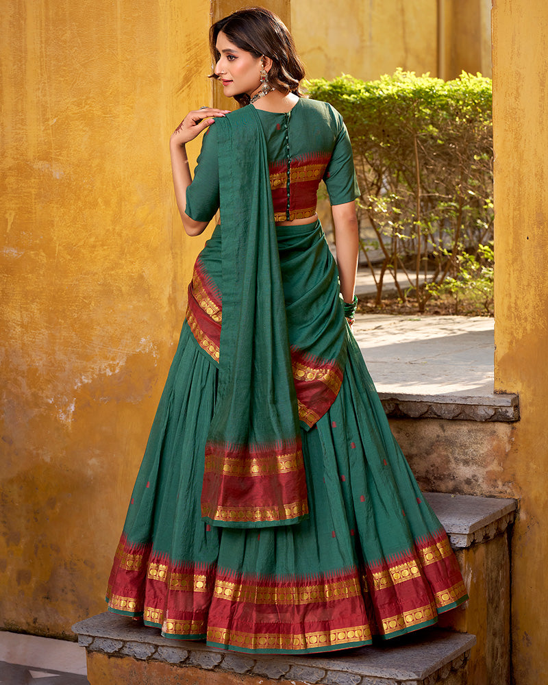 Elegant Teal Green Pure Chanderi Half Saree With Zari Weaving