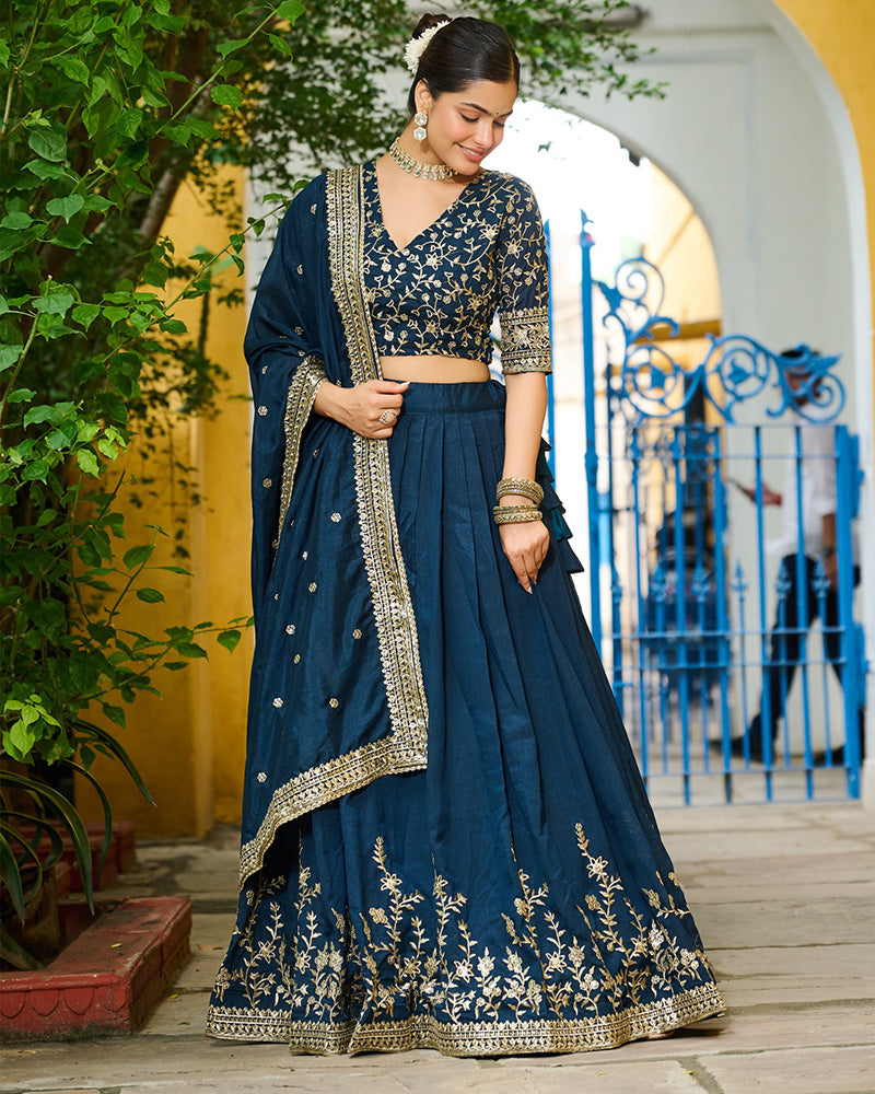 Rama Color Vichitra Silk Thread Embroidered Lehenga Choli