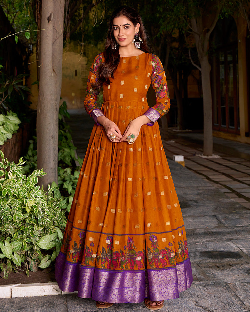 Elegant Mustard Color Poly Cotton Gown With koti