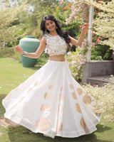 Traditional White Roman Silk Navratri Wear Lehenga Choli